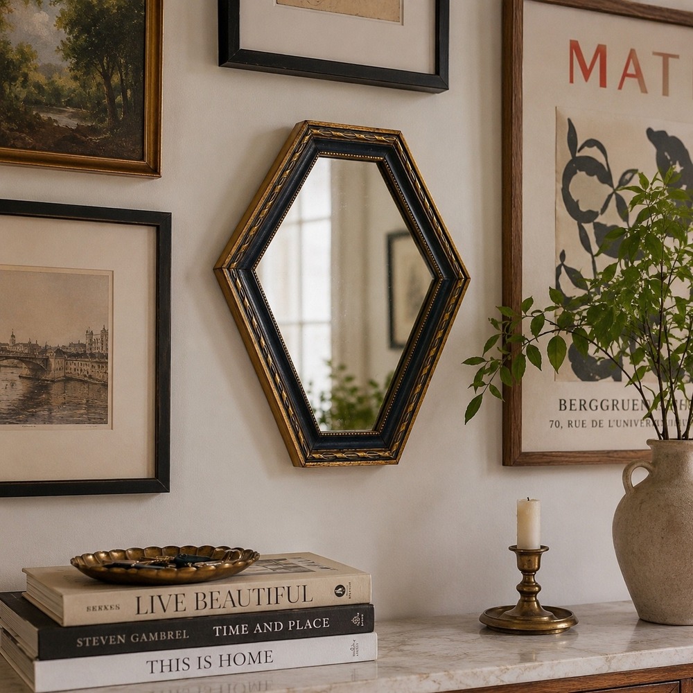 Vintage Hexagon Wall Mirror Gold Black Wood Frame Ornate Geometric Accent 12x9.5